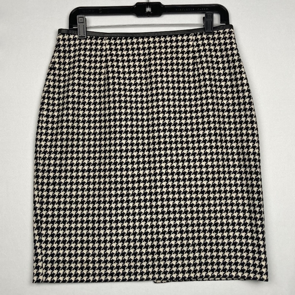 Brooks Brothers Women's 100% Wool Leather Trim Large Houndstooth Skirt Size 6